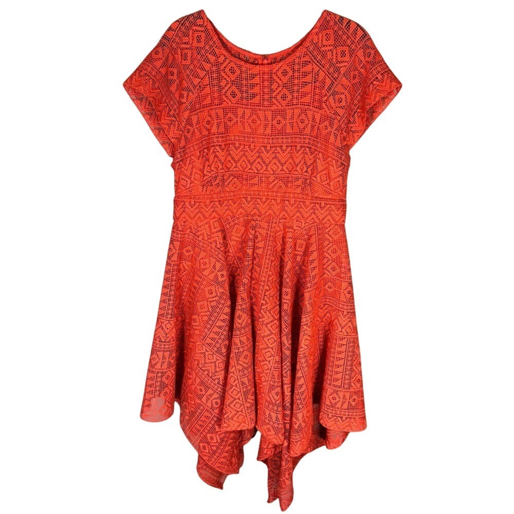 Maeve Anthropologie Prima‎ Lace Handkerchief Hem Dress Coral.  size 10 EUC